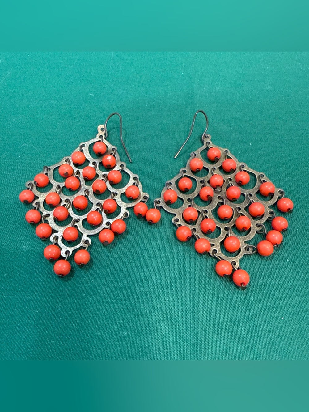 VTG  Filigree Dangle Earrings W/ Ornate Metal Work&Bright Orange Bead Accents.8F